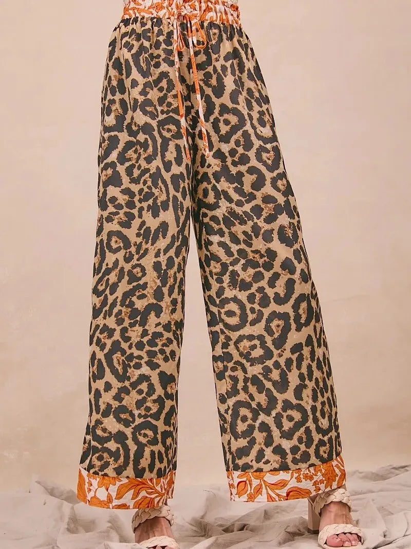 BiBi Wild Ember Leopard Print Contrast Banded Wide Leg Pants-Women's Pants-Shop Z & Joxa