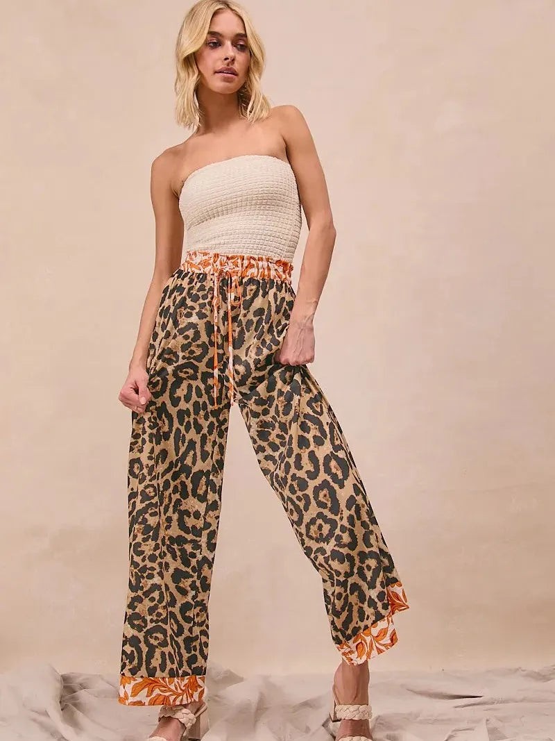 BiBi Wild Ember Leopard Print Contrast Banded Wide Leg Pants-Women's Pants-Shop Z & Joxa