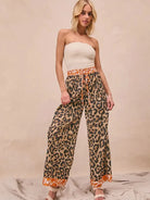 BiBi Wild Ember Leopard Print Contrast Banded Wide Leg Pants-Women's Pants-Shop Z & Joxa