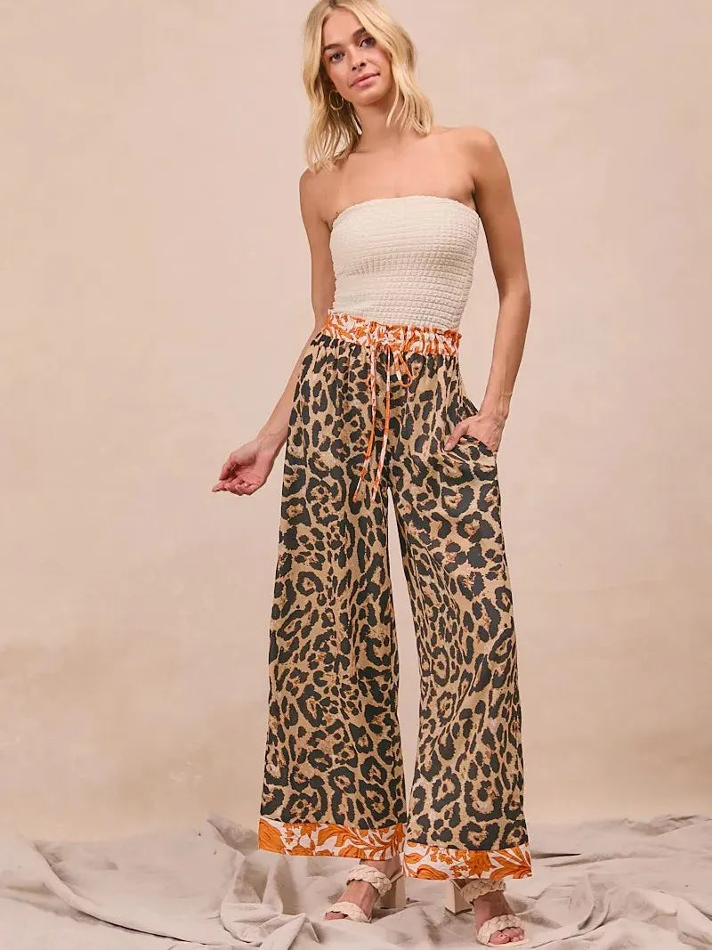 BiBi Wild Ember Leopard Print Contrast Banded Wide Leg Pants-Women's Pants-Shop Z & Joxa