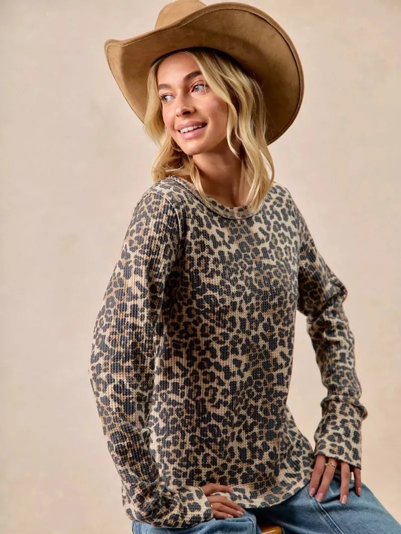 BiBi Wild Whisper Waffle Leopard Long Sleeve Thermal Shirt-Women's Shirts & Tops-Shop Z & Joxa