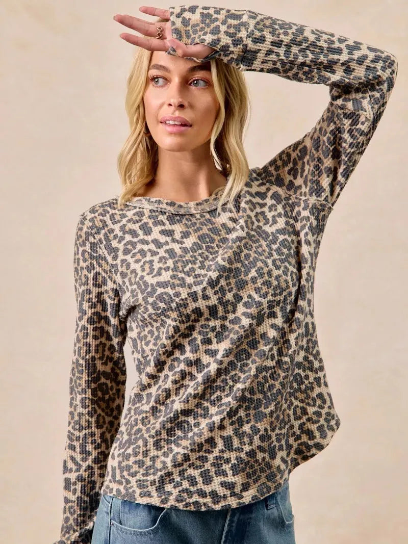 BiBi Wild Whisper Waffle Leopard Long Sleeve Thermal Shirt-Women's Shirts & Tops-Shop Z & Joxa