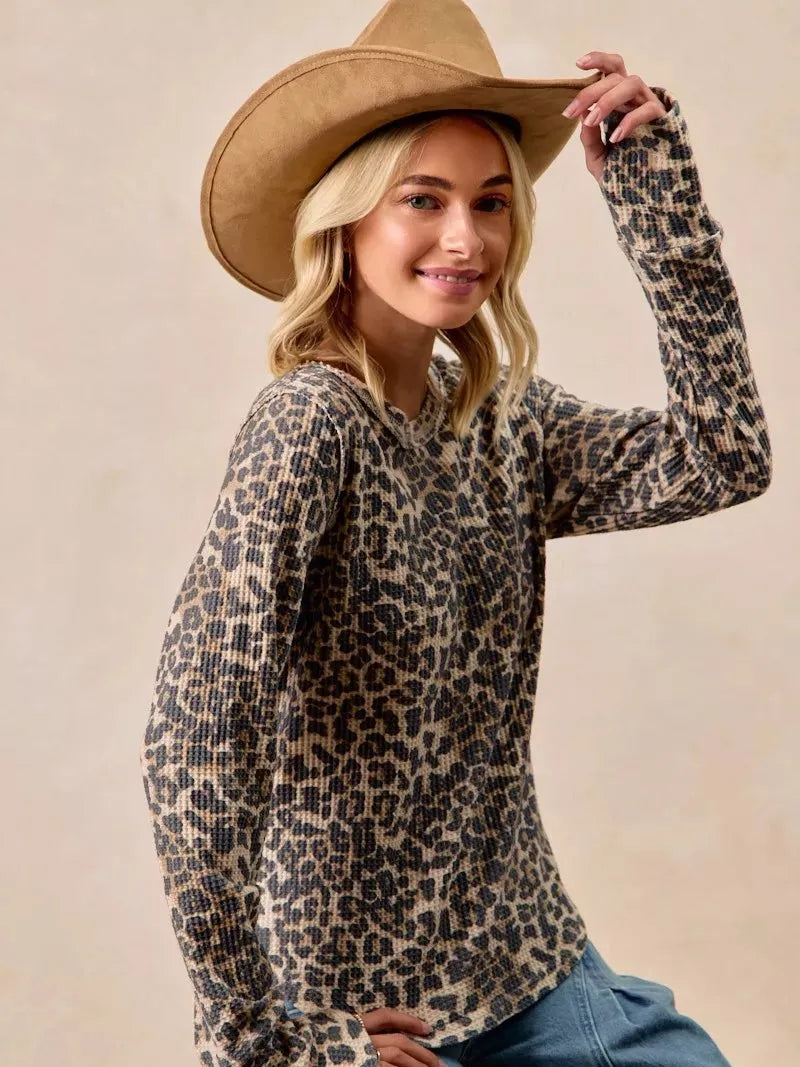 BiBi Wild Whisper Waffle Leopard Long Sleeve Thermal Shirt-Women's Shirts & Tops-Shop Z & Joxa