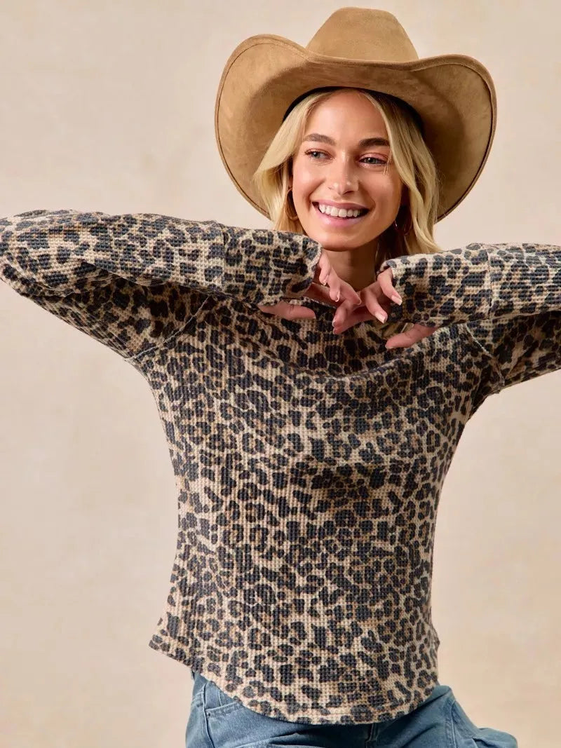 BiBi Wild Whisper Waffle Leopard Long Sleeve Thermal Shirt-Women's Shirts & Tops-Shop Z & Joxa