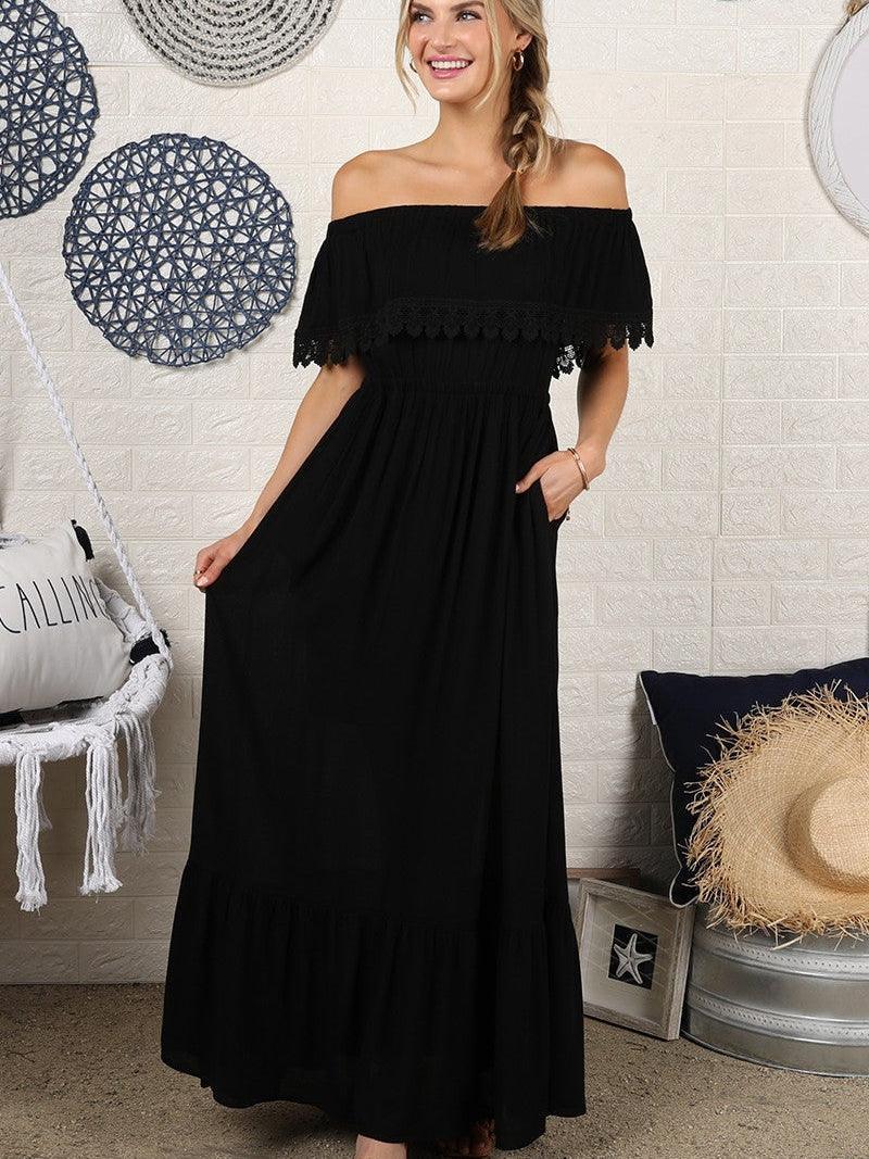 Black Beauty Off the Shoulder Maxi Sun Dress-Women's Clothing-Shop Z & Joxa