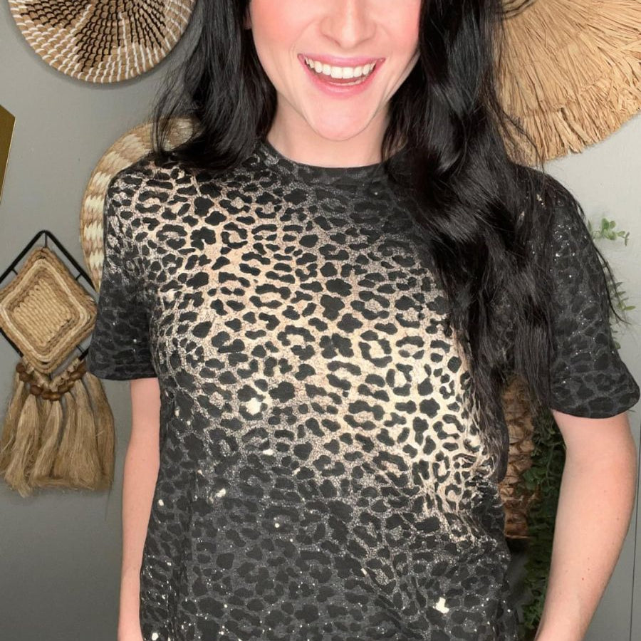 Black Tonal Leopard Short Sleeve Shirt-Women's Clothing-Shop Z & Joxa