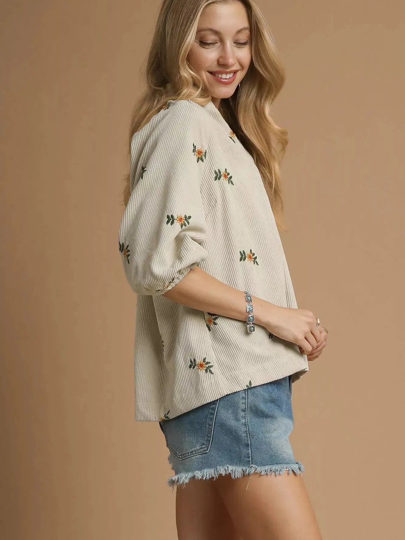 Bloom & Puff Cream Corduroy Blouse by Umgee-Women's Shirts & Tops-Shop Z & Joxa