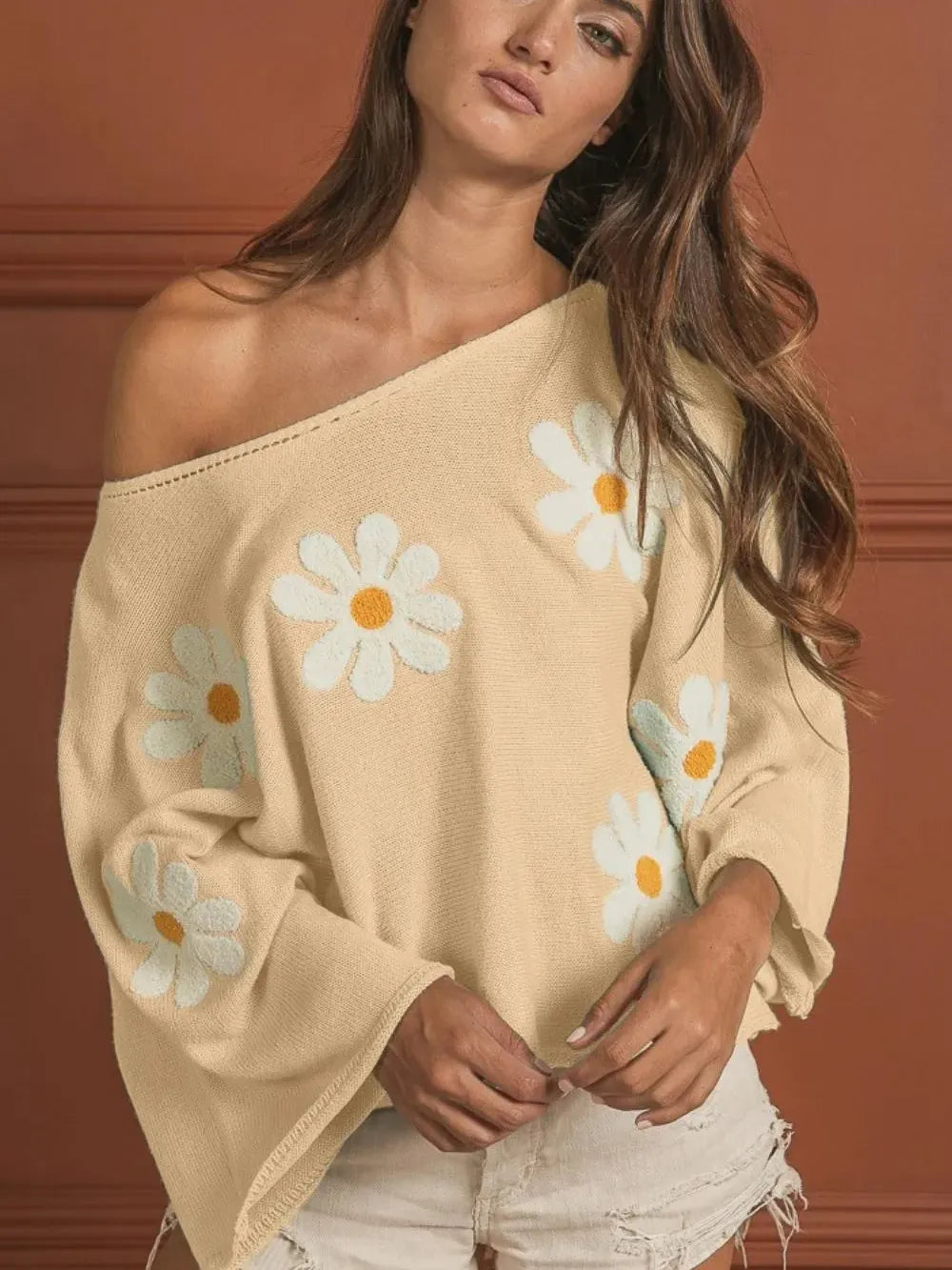 Bloom and Cozy Daisy Embroidered Oversized Knit Top-Women's Shirts & Tops-Shop Z & Joxa