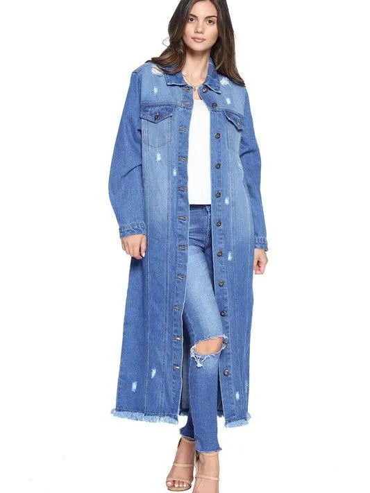 Blue Age Long Button Front Fringe Hem Denim Jacket-Coats & Jackets-Shop Z & Joxa