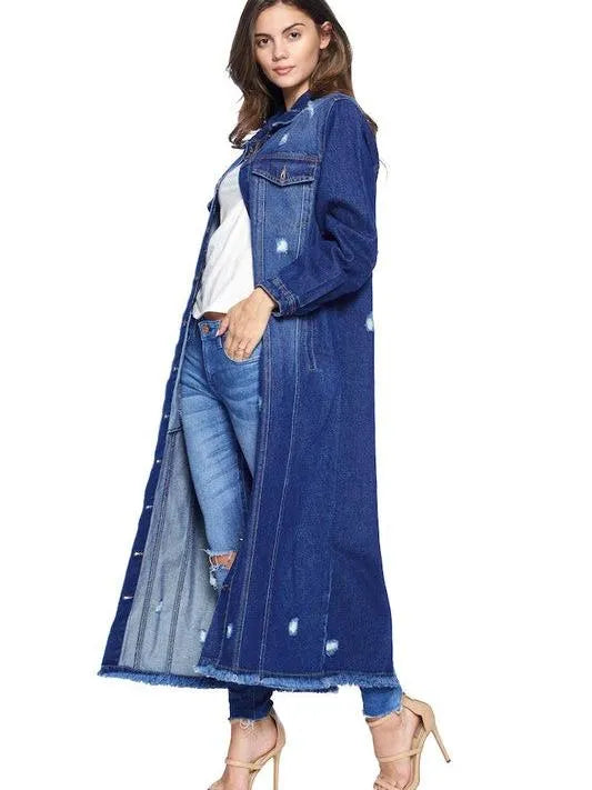 Blue Age Long Button Front Fringe Hem Denim Jacket-Coats & Jackets-Shop Z & Joxa