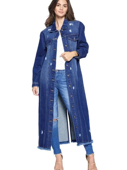 Blue Age Long Button Front Fringe Hem Denim Jacket-Coats & Jackets-Shop Z & Joxa