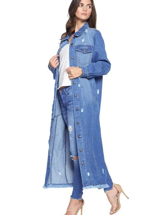 Blue Age Long Button Front Fringe Hem Denim Jacket-Women's Outerwear-Shop Z & Joxa