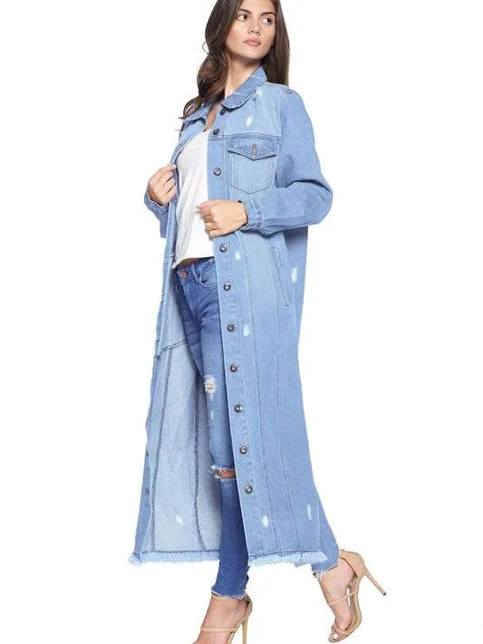 Blue Age Long Button Front Fringe Hem Denim Jacket-Women's Outerwear-Shop Z & Joxa