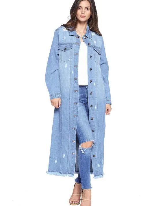 Blue Age Long Button Front Fringe Hem Denim Jacket-Women's Outerwear-Shop Z & Joxa