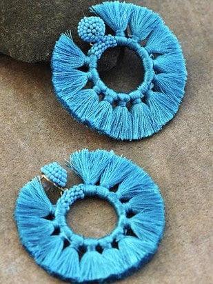 Blue Fringe Fan Tassel Earrings-Women's Accessories-Shop Z & Joxa