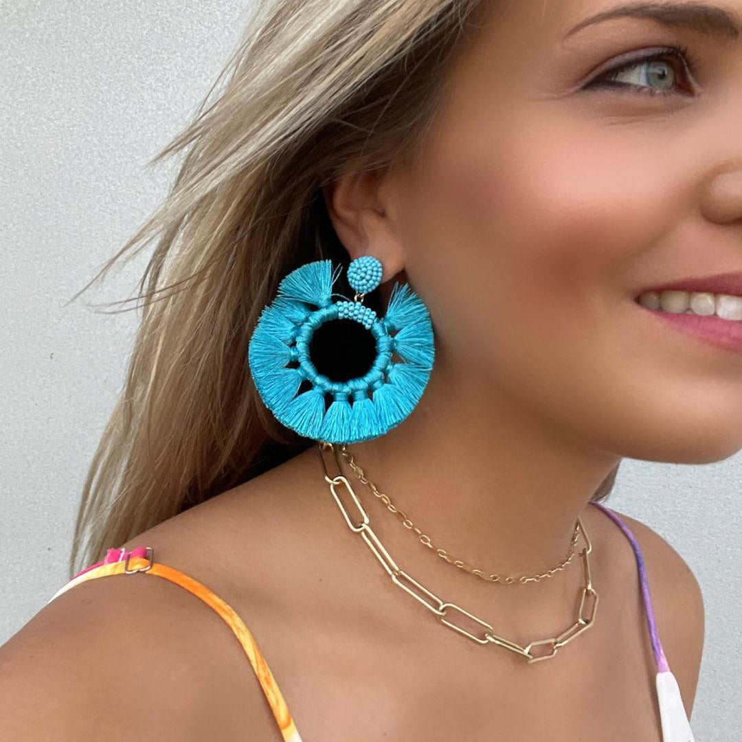 Blue Fringe Fan Tassel Earrings-Women's Accessories-Shop Z & Joxa