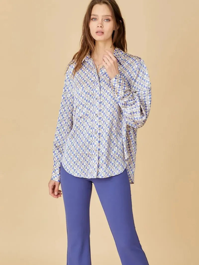 Blue Theory Palace Blue Geometric Print Button Down Top-Women's Shirts & Tops-Shop Z & Joxa