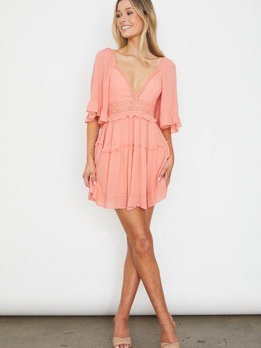 Blushing Beauty Flutter Sleeve Mini Dress-Women's Clothing-Shop Z & Joxa