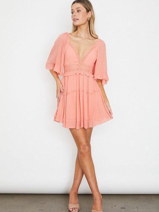 Blushing Beauty Flutter Sleeve Mini Dress-Women's Clothing-Shop Z & Joxa