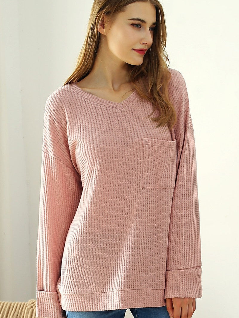 Blushing Beauty Single Pocket Waffle Knit Top in Blush-Women's Clothing-Shop Z & Joxa