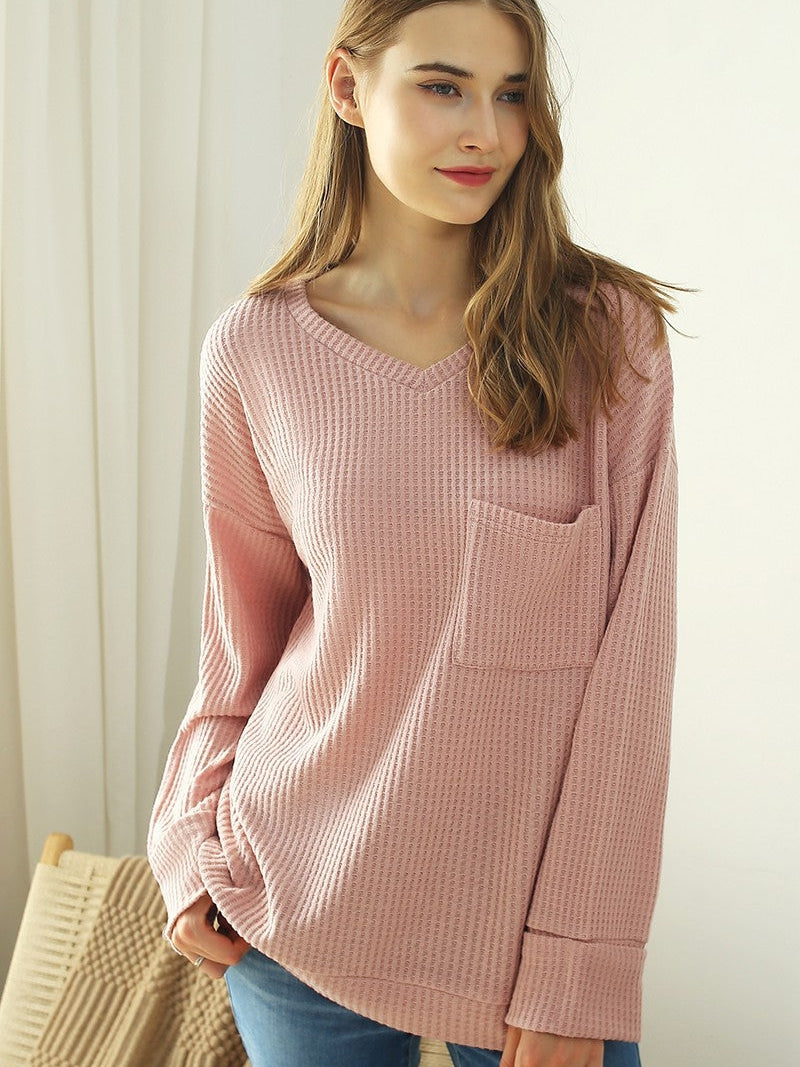 Blushing Beauty Single Pocket Waffle Knit Top in Blush-Women's Clothing-Shop Z & Joxa