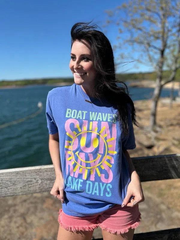 Boat Waves and Sun Rays Lake Days Graphic Tee-Women's Clothing-Shop Z & Joxa