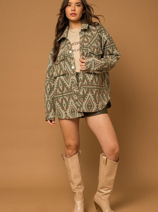 Bohemian Flair Aztec Print Shacket with 3D Pockets-Women's Clothing-Shop Z & Joxa