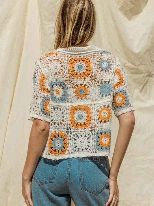 Bohemian Flair Short Sleeve Button Front Crochet Top-Women's Clothing-Shop Z & Joxa