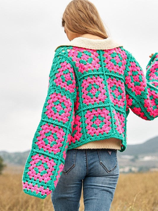 Bohemian Showcase Two-Tone Floral Square Crochet Cropped Open Cardigan-Women's Clothing-Shop Z & Joxa