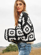Bohemian Showcase Two-Tone Floral Square Crochet Cropped Open Cardigan-Women's Clothing-Shop Z & Joxa