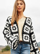 Bohemian Showcase Two-Tone Floral Square Crochet Cropped Open Cardigan-Women's Shirts & Tops-Shop Z & Joxa