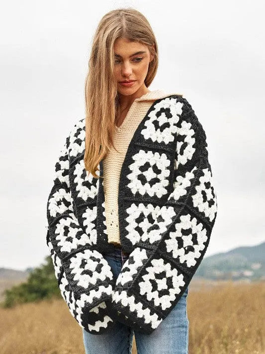 Bohemian Showcase Two-Tone Floral Square Crochet Cropped Open Cardigan-Women's Shirts & Tops-Shop Z & Joxa