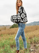 Bohemian Showcase Two-Tone Floral Square Crochet Cropped Open Cardigan-Women's Shirts & Tops-Shop Z & Joxa