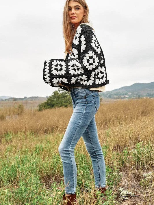 Bohemian Showcase Two-Tone Floral Square Crochet Cropped Open Cardigan-Women's Shirts & Tops-Shop Z & Joxa