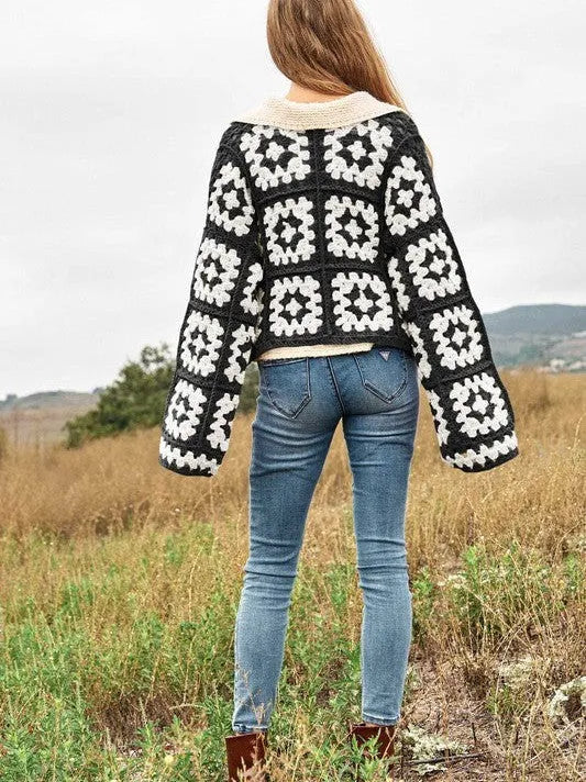 Bohemian Showcase Two-Tone Floral Square Crochet Cropped Open Cardigan-Women's Shirts & Tops-Shop Z & Joxa