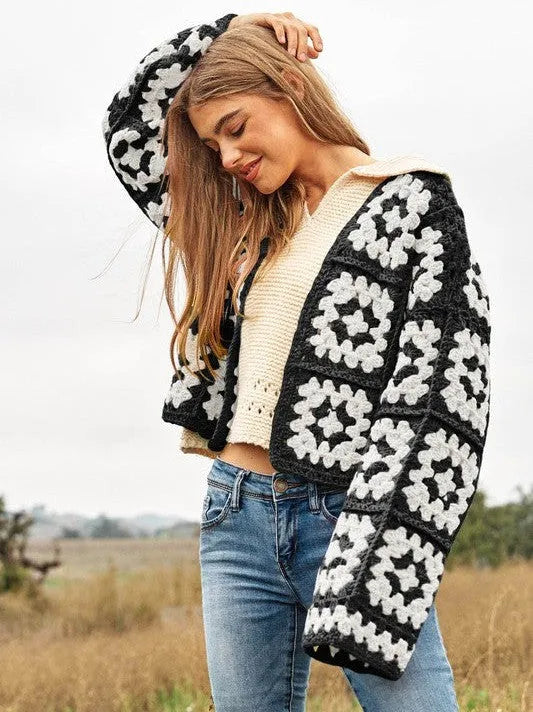 Bohemian Showcase Two-Tone Floral Square Crochet Cropped Open Cardigan-Women's Shirts & Tops-Shop Z & Joxa
