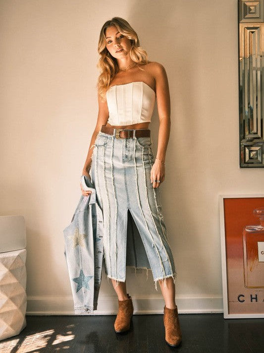 Bold Denim Style Distressed Maxi Denim Skirt with Front Slit-Women's Clothing-Shop Z & Joxa
