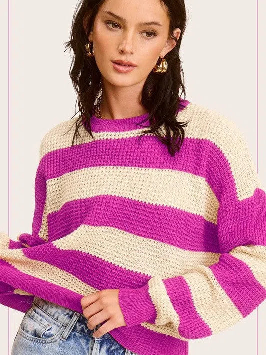 Bold Striped Living Round Neck Loose Fit Sweater-Women's Clothing-Shop Z & Joxa