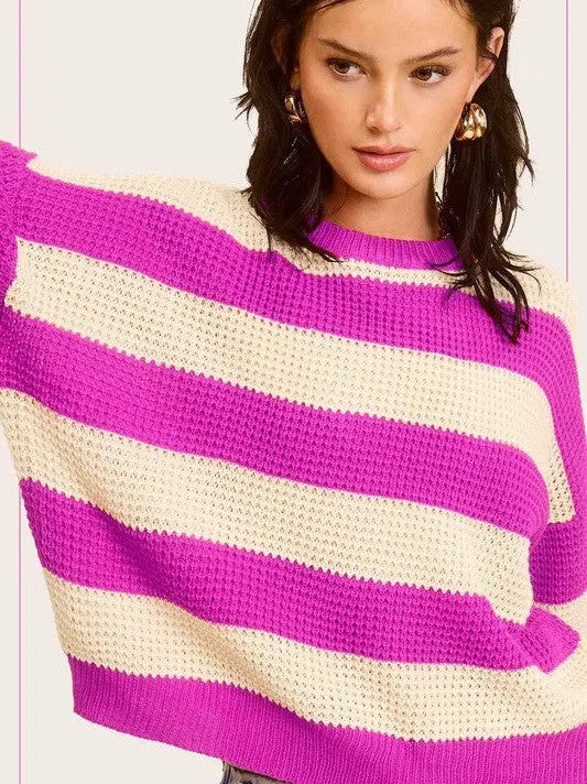 Bold Striped Living Round Neck Loose Fit Sweater-Women's Clothing-Shop Z & Joxa