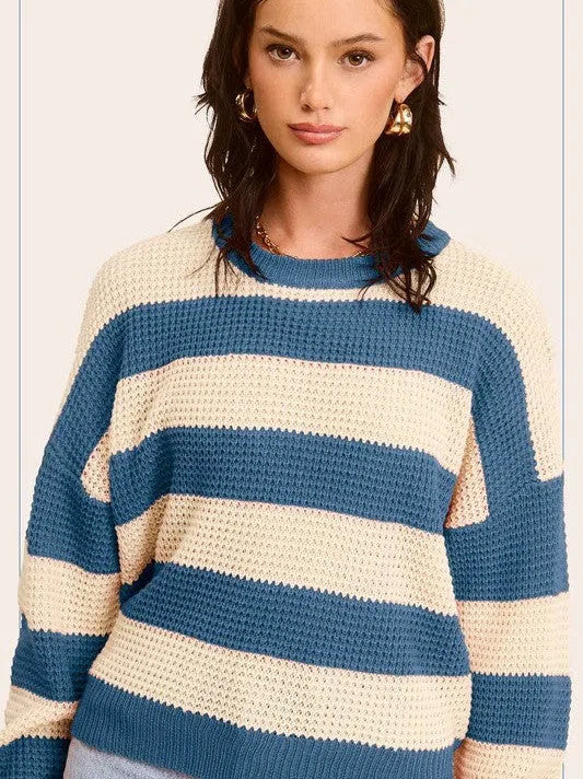 Bold Striped Living Round Neck Loose Fit Sweater-Women's Clothing-Shop Z & Joxa