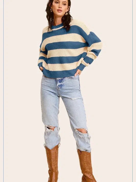 Bold Striped Living Round Neck Loose Fit Sweater-Women's Clothing-Shop Z & Joxa