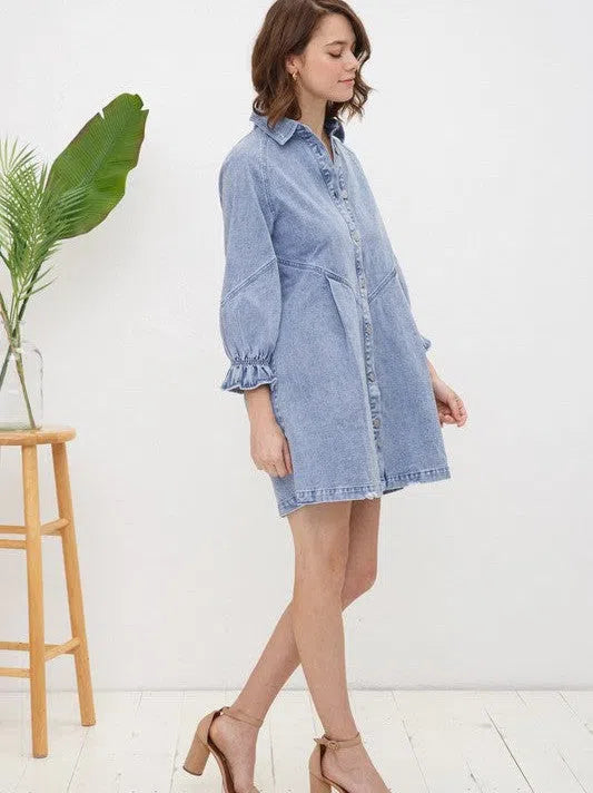 Born To Stand Out Denim Wash 3/4 Sleeve Dress-Women's Clothing-Shop Z & Joxa