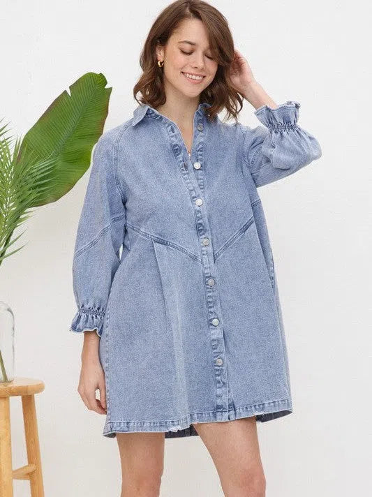 Born To Stand Out Denim Wash 3/4 Sleeve Dress-Women's Clothing-Shop Z & Joxa