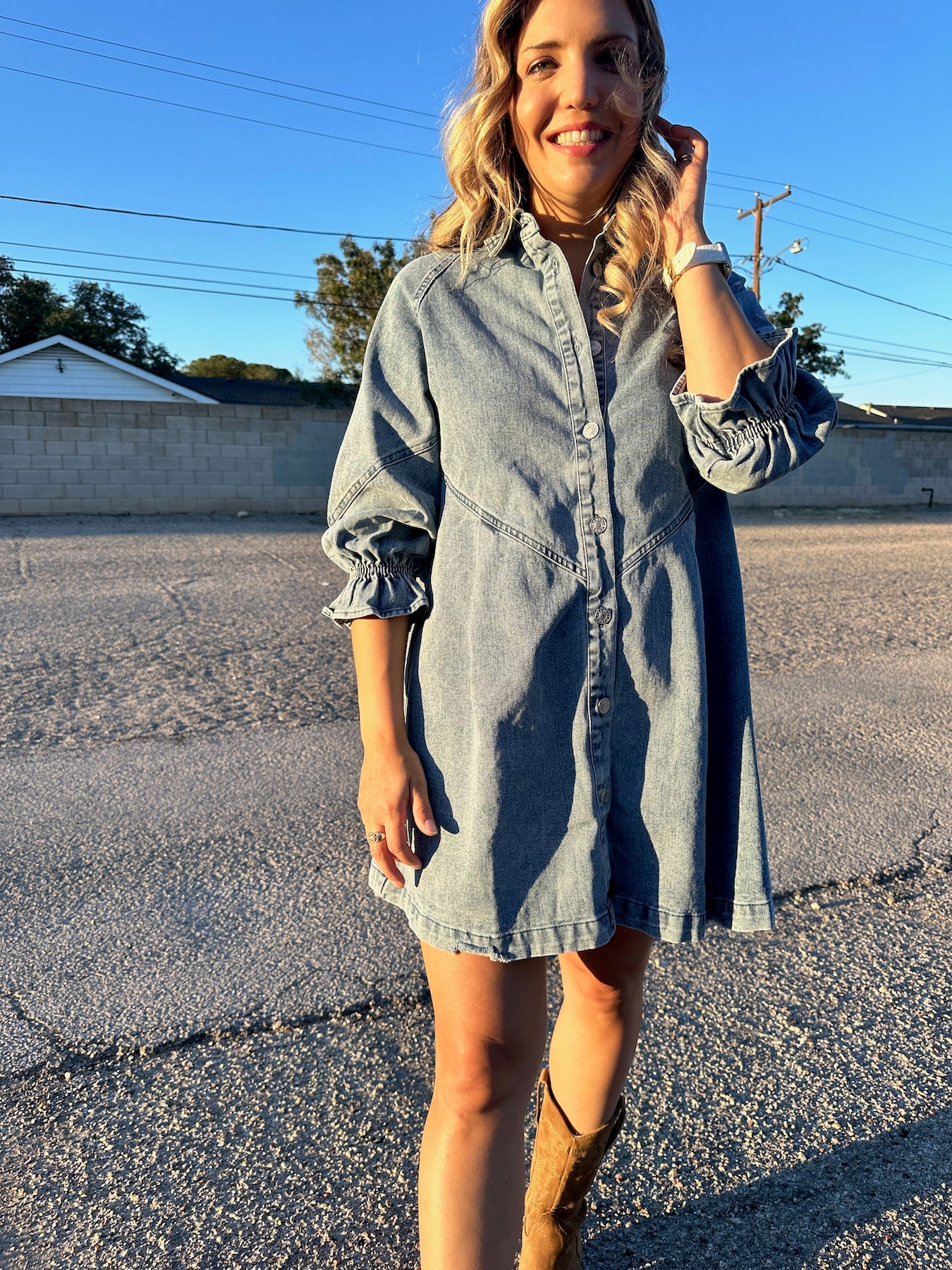 Born To Stand Out Denim Wash 3/4 Sleeve Dress-Women's Clothing-Shop Z & Joxa