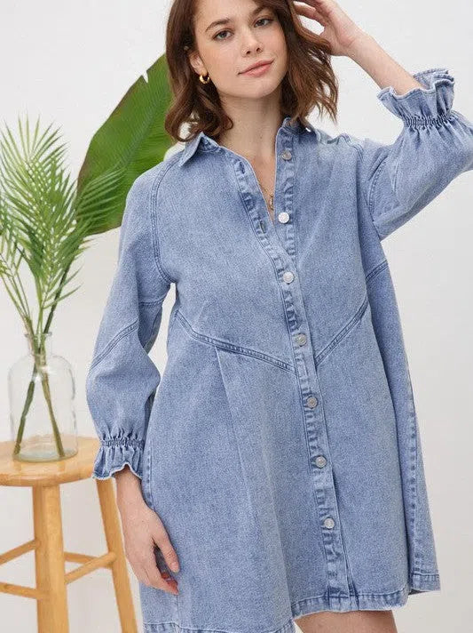 Born To Stand Out Denim Wash 3/4 Sleeve Dress-Women's Clothing-Shop Z & Joxa