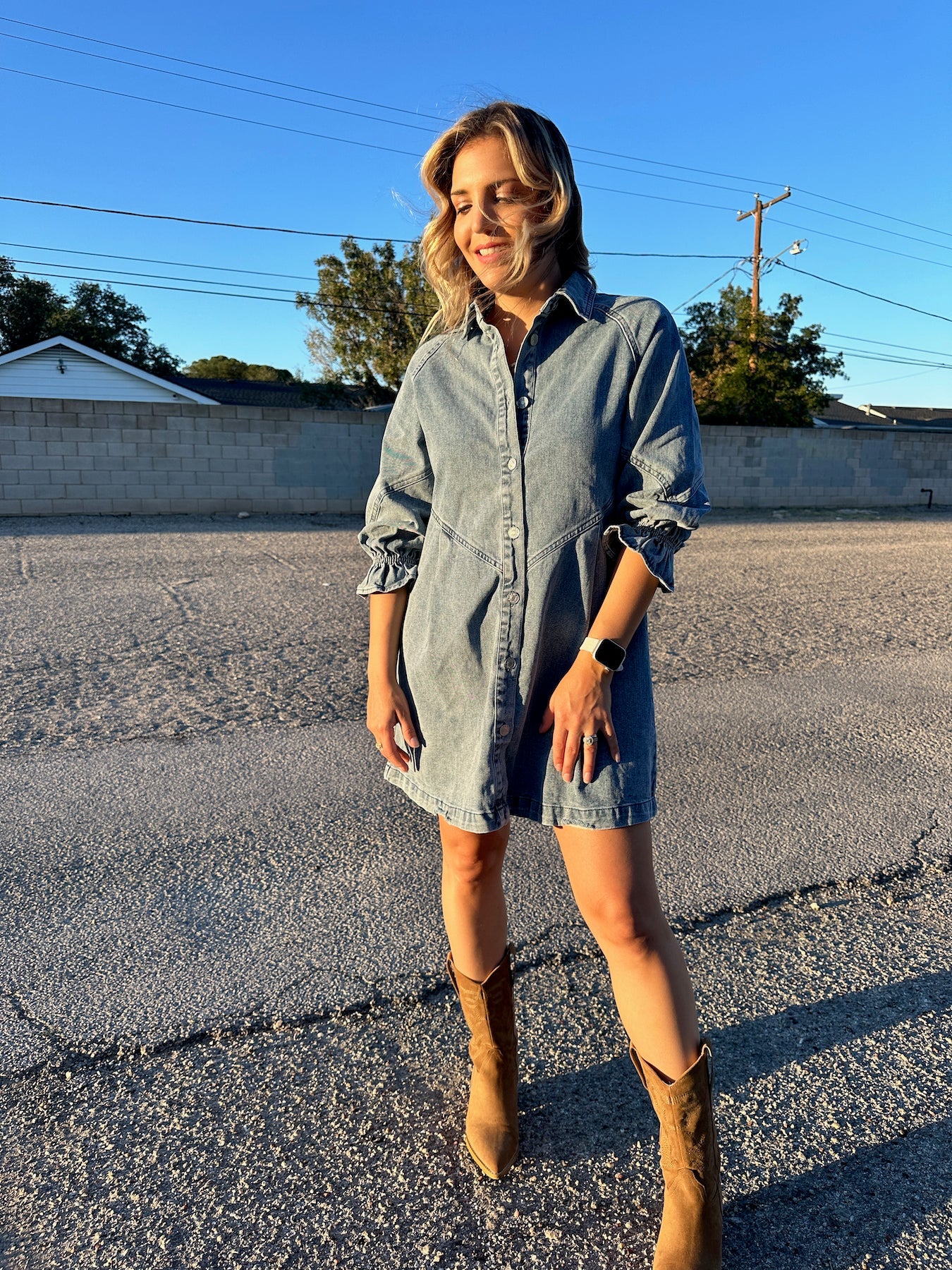 Born To Stand Out Denim Wash 3/4 Sleeve Dress-Women's Clothing-Shop Z & Joxa