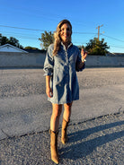 Born To Stand Out Denim Wash 3/4 Sleeve Dress-Women's Clothing-Shop Z & Joxa