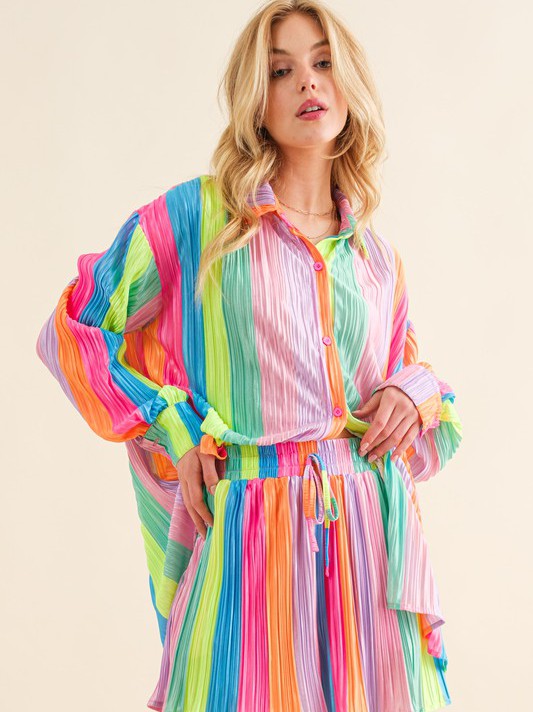 Brighten Your Day Press Pleated Rainbow Shirt with Matching Shorts-Women's Clothing-Shop Z & Joxa