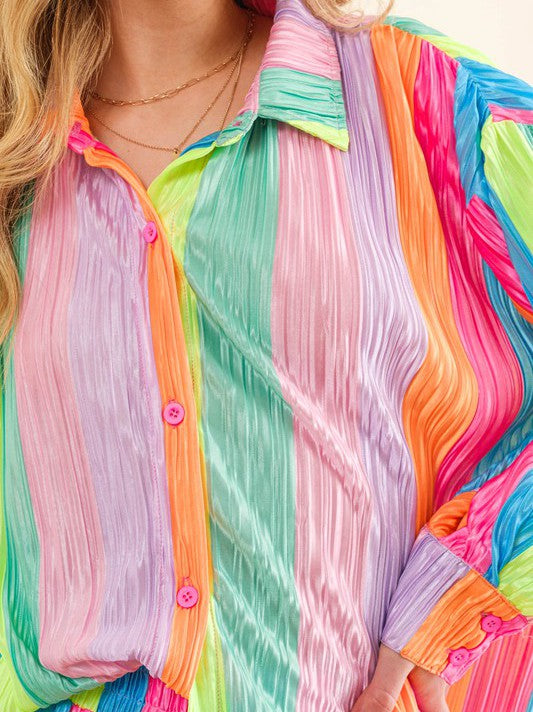 Brighten Your Day Press Pleated Rainbow Shirt with Matching Shorts-Women's Clothing-Shop Z & Joxa