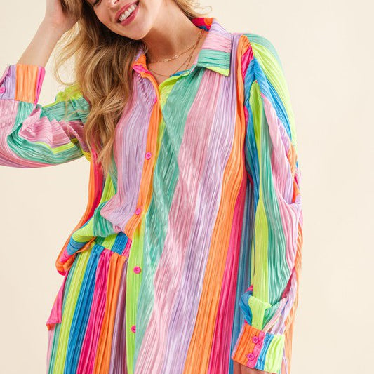 Brighten Your Day Press Pleated Rainbow Shirt with Matching Shorts